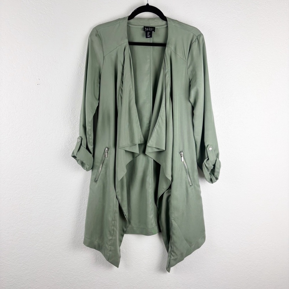 Nicole Miller Trench Open Front Tencel Cardigan Jacket Green Small